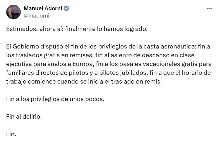 Aerolíneas Argentinas: fin del conflicto, «al delirio y a privilegios»