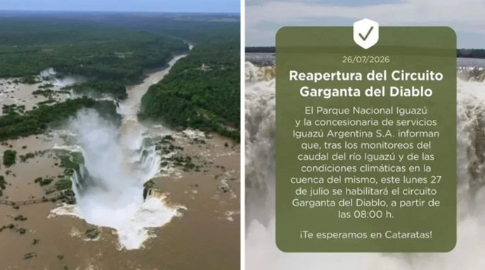 Iguazú: reabren ‘Garganta del Diablo’ tras bajar el caudal del río